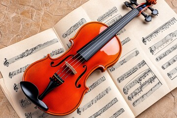 Fototapeta premium A violin with ebony fittings, including the fingerboard and pegs, lying on a vintage sheet of music
