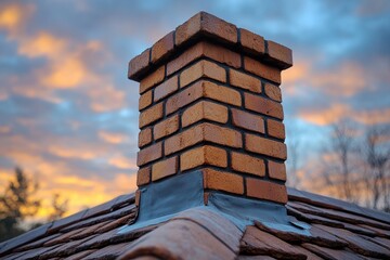 Chimney brickwork undergoing repair during a colorful sunset