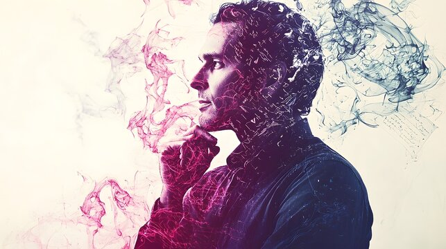 man in deep thought, with his profile overlaid with abstract visual elements of love letters and romantic conversations, signifying the importance of meaningful dialogue in dating. [men's]:[dating 