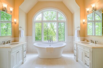 Elegant bathroom with large windows and freestanding bathtub in a bright, natural light setting