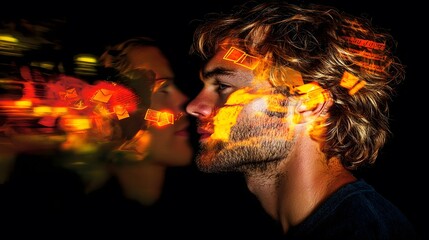 man in deep thought, with his profile overlaid with abstract visual elements of love letters and romantic conversations, signifying the importance of meaningful dialogue in dating. [men's]:[dating 