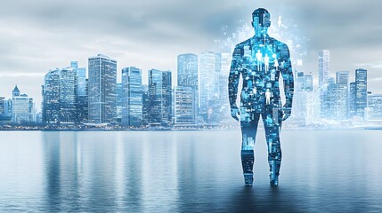 man standing in front of a skyline, his outline filled with imagery of couples on dates, symbolizing finding balance between personal growth and romantic connections. [men's]:[dating advice] 