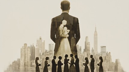 man standing in front of a skyline, his outline filled with imagery of couples on dates, symbolizing finding balance between personal growth and romantic connections. [men's]:[dating advice] 