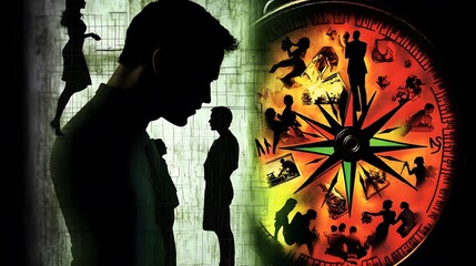 man looking at a compass, his silhouette filled with images of various romantic activities, representing guidance and finding the right path in relationships. [men's]:[dating advice] 