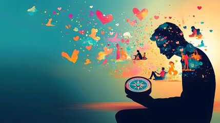 man looking at a compass, his silhouette filled with images of various romantic activities, representing guidance and finding the right path in relationships. [men's]:[dating advice] 