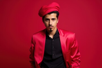 Obraz premium A man in a red suit and a red hat is standing in front of a red background