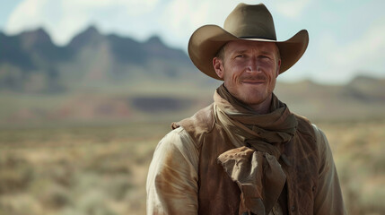 Fototapeta premium Cowboy smiling and wearing a hat looking at Camera
