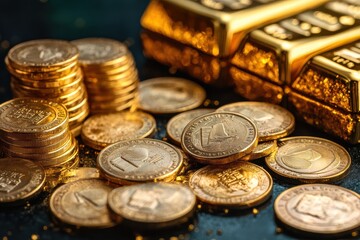 Glimmering coins and gold bars create an elegant display on a dark surface