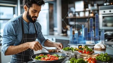 of a man cooking a meal, overlaid with an image of culinary skills, highlighting impressing a date with home-cooked food. | [men's]:[dating advice] 