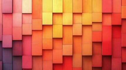 Fototapeta premium Vibrant mosaic of colorful wooden blocks in shades of red, orange, and yellow, creating warm and inviting atmosphere. Perfect for adding text or graphics