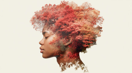 A woman's head is made of trees and leaves