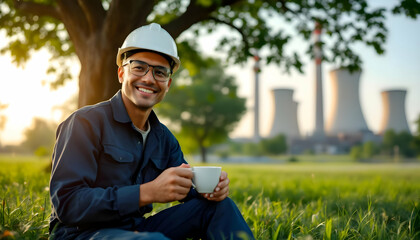 Smiling Engineer Enjoying Coffee Break near Power Plant Under a Tree