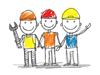 Children hand drawn team of happy workers stick figure illustration on a white background. 