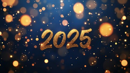 2025 in gold with sparkles and fairy lights on midnight blue background