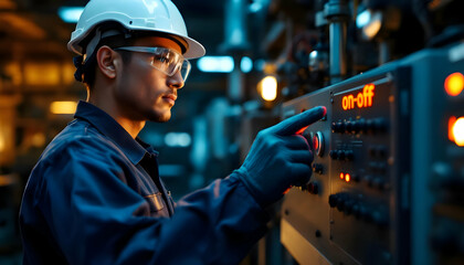 Focused Industrial Worker Operating Complex Machinery in a Modern Factory Setting