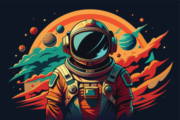 astronaut flying around the outer space planet. vector design illustration