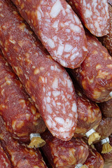 A large pile of smoked sausages