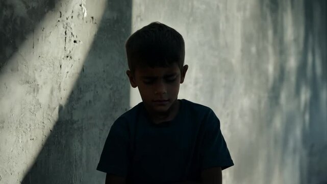 Young boy expressing sadness while standing near a concrete wall