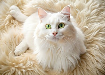 Fototapeta premium Drone View: Playful White Cat on Fluffy Rug - Adorable Green Eyes - Cute Pet Photography