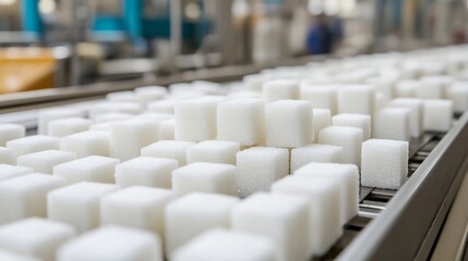 Fototapeta premium Close-up View of White Sugar Cubes Being Packaged on Factory Conveyor Belt