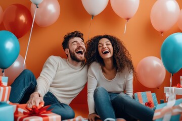 Lovers enjoy joyful moment among colorful balloons and gifts on a festive occasion