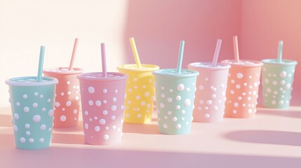 A whimsical arrangement of bubble tea cups in various flavors and colors, set against a pastel background, creating a fun and inviting atmosphere