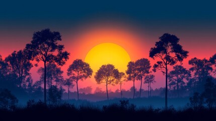 Silhouetted Trees at Sunset Over a Misty Forest