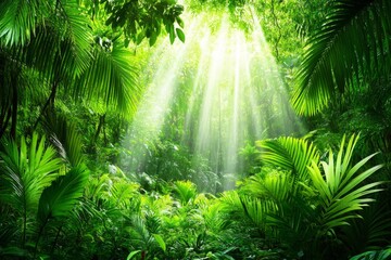 A bustling rainforest scene from Earth, with sunlight filtering through the canopy and vibrant green plants thriving on the forest floor