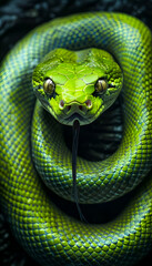 Obraz premium amazing green snake against dark background. close up. Ai generated