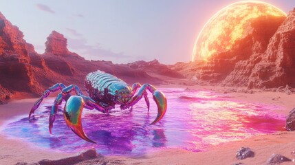 Iridescent scorpion in alien desert landscape.