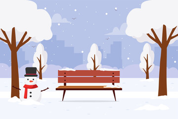 Winter in city park with empty bench and snowy trees. Vector stock