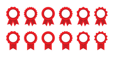 Red ribbon and banner. Medal set with ribbon. Achievement label. Winner Prize. Vector seal collection in flat style
