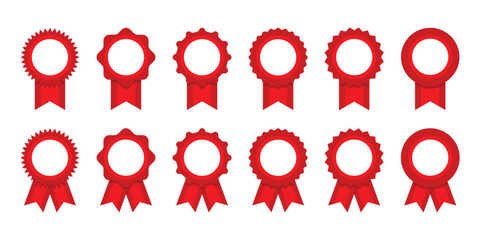 Red ribbon and banner. Achievement label. Winner Prize. Set of premium quality and guarantee labels
