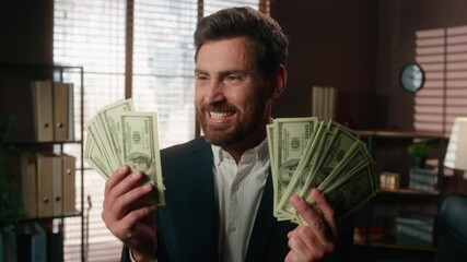 Happy excited winner rich Caucasian middle-aged 40s adult man business investor businessman male guy entrepreneur holding banknotes money dollars profit finance yelling screaming shouting in office - Powered by Adobe