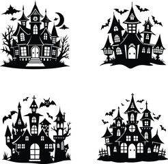 Halloween House With Bats Silhouette Vector Illustration