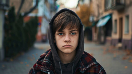 Rebellious teenager showing anger and defiance in urban setting