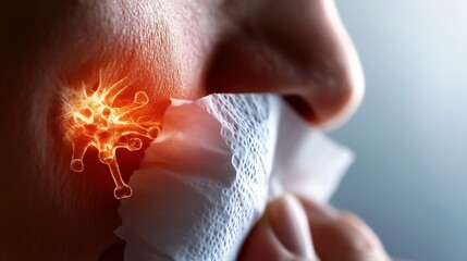 Close-up of person covering mouth with tissue, virus particles superimposed.
