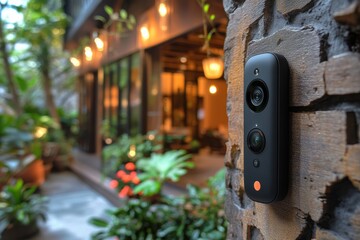 Smart doorbell camera enables video call for secure home communication in outdoor setting