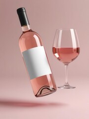 A stylish bottle of rose wine beside a glass filled with pink wine, set against a soft pastel backdrop.