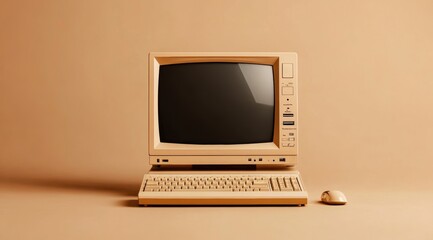This image showcases a vintage computer setup with a beige monitor, keyboard, and mouse, evoking a sense of nostalgia for the early days of personal computing.