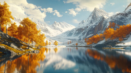 Obraz premium Golden autumn landscape in the Alps with crystal-clear lakes reflecting the vibrant colors of the leaves and snow-covered mountains.