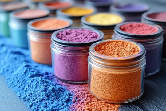 Colorful powdered pigments arranged in jars, showcasing vibrant hues for artistic use.