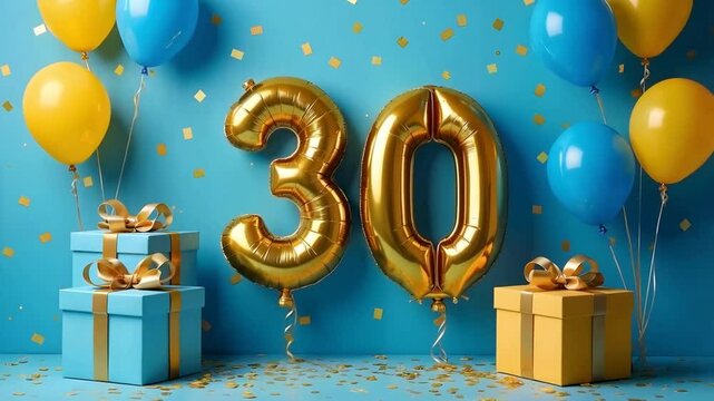 A blue and gold 30th birthday anniversary celebration with balloons and confetti	
