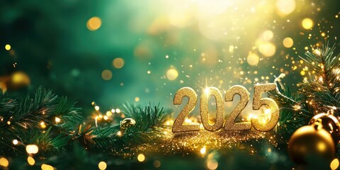 A festive green background with sparkling golden numb