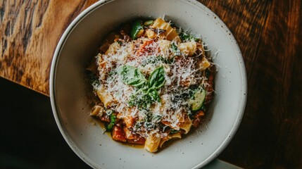 An overhead shot of a hearty bowl of pasta primavera, loaded with fresh vegetables, drizzled with olive oil, and topped with grated cheese, vibrant and appetizing