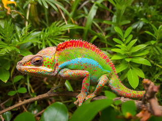 Obraz premium Colorful chameleon on a branch in the tropical forest.