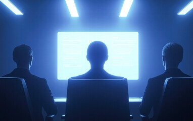 Three men are sitting in chairs in front of a computer monitor