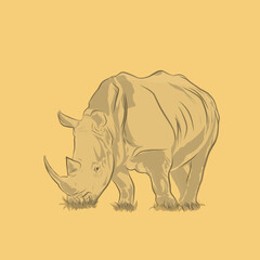 illustration of a rhinoceros grazing on a yellow background