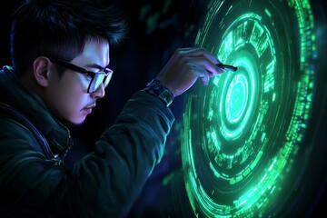 A cyberpunk-themed image of a worker in a glowing neon city, manually repairing high-tech machinery under the glow of holograms, symbolizing effort in a futuristic world