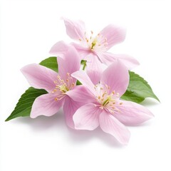 Fototapeta premium Delicate pink flowers with green leaves on a white background.